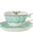 Tazza tè con piattino porcellana con pois e farfalla, colore verde. Blanc Mariclò