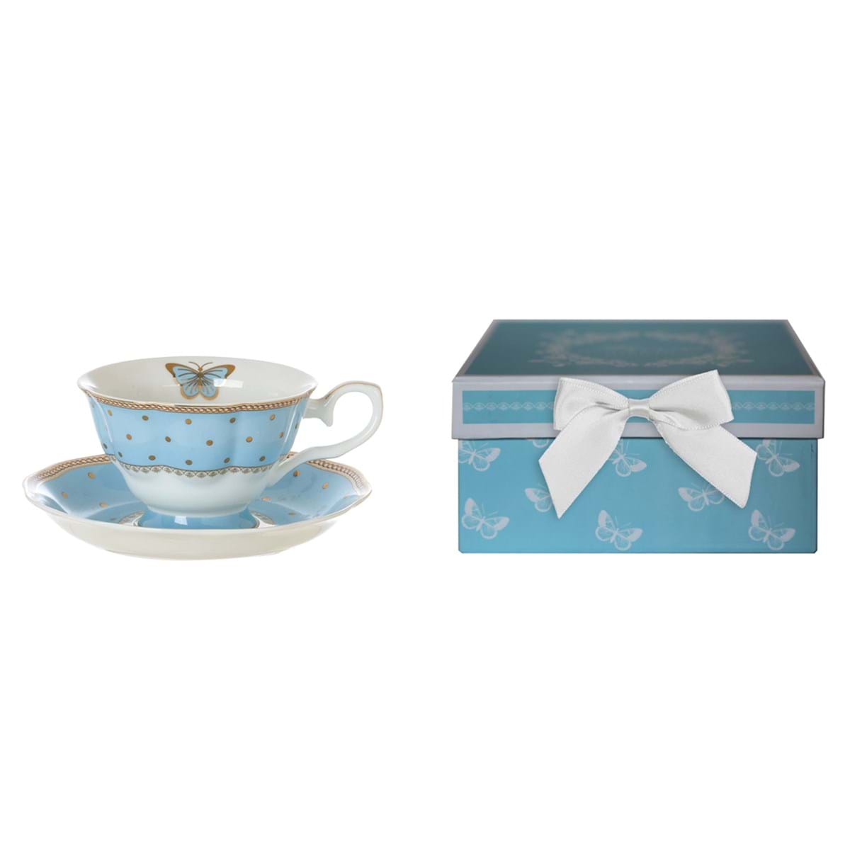 Tazza tè con piattino porcellana con pois e farfalla, colore azzurro. Blanc Mariclò