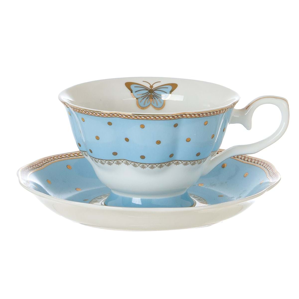Tazza tè con piattino porcellana con pois e farfalla, colore azzurro. Blanc Mariclò