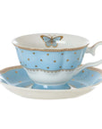 Tazza tè con piattino porcellana con pois e farfalla, colore azzurro. Blanc Mariclò