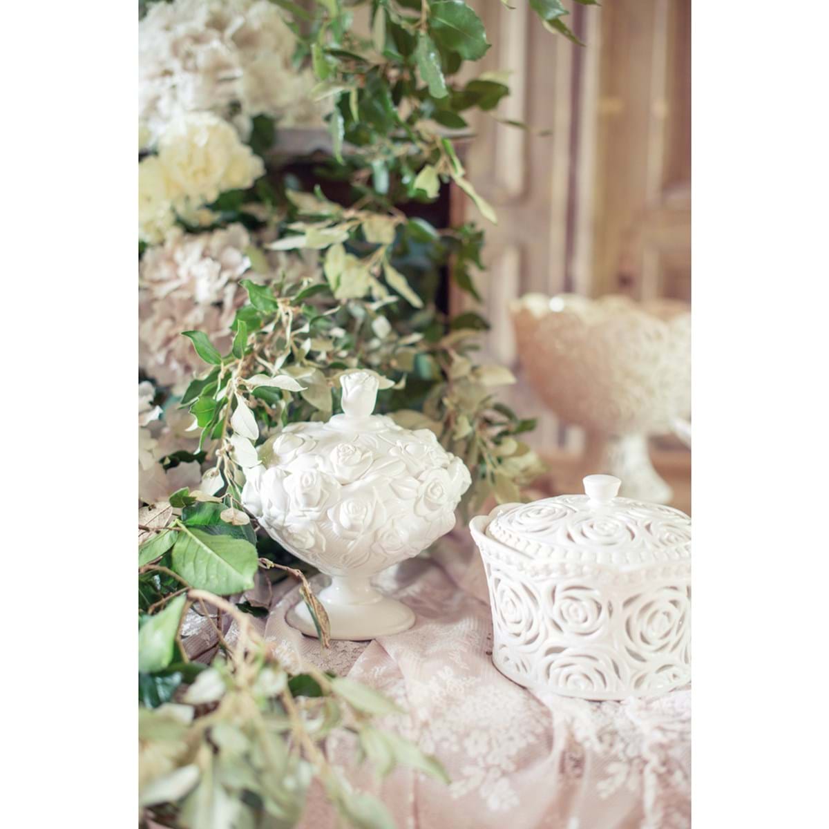 Set 3 barattoli con coperchio, ceramica bianco decoro rose. Blanc Mariclò