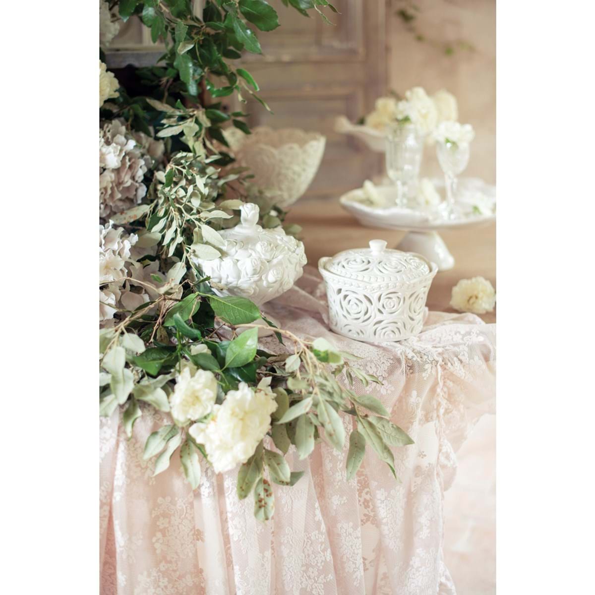 Set 3 barattoli con coperchio, ceramica bianco decoro rose. Blanc Mariclò
