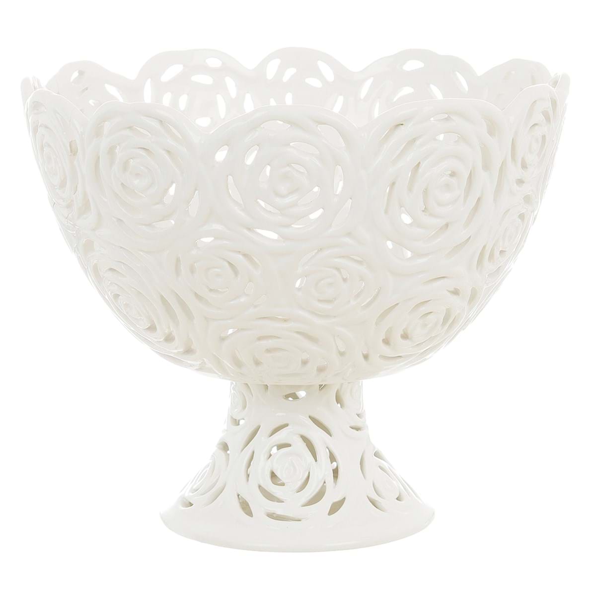 Coppa con piede, ceramica bianco decoro rose. Blanc Mariclò