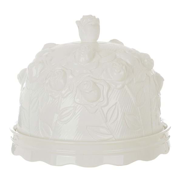 Vassoio con campana in ceramica bianca decoro rose Linea Sentimento Fiorito. Blanc Mariclò