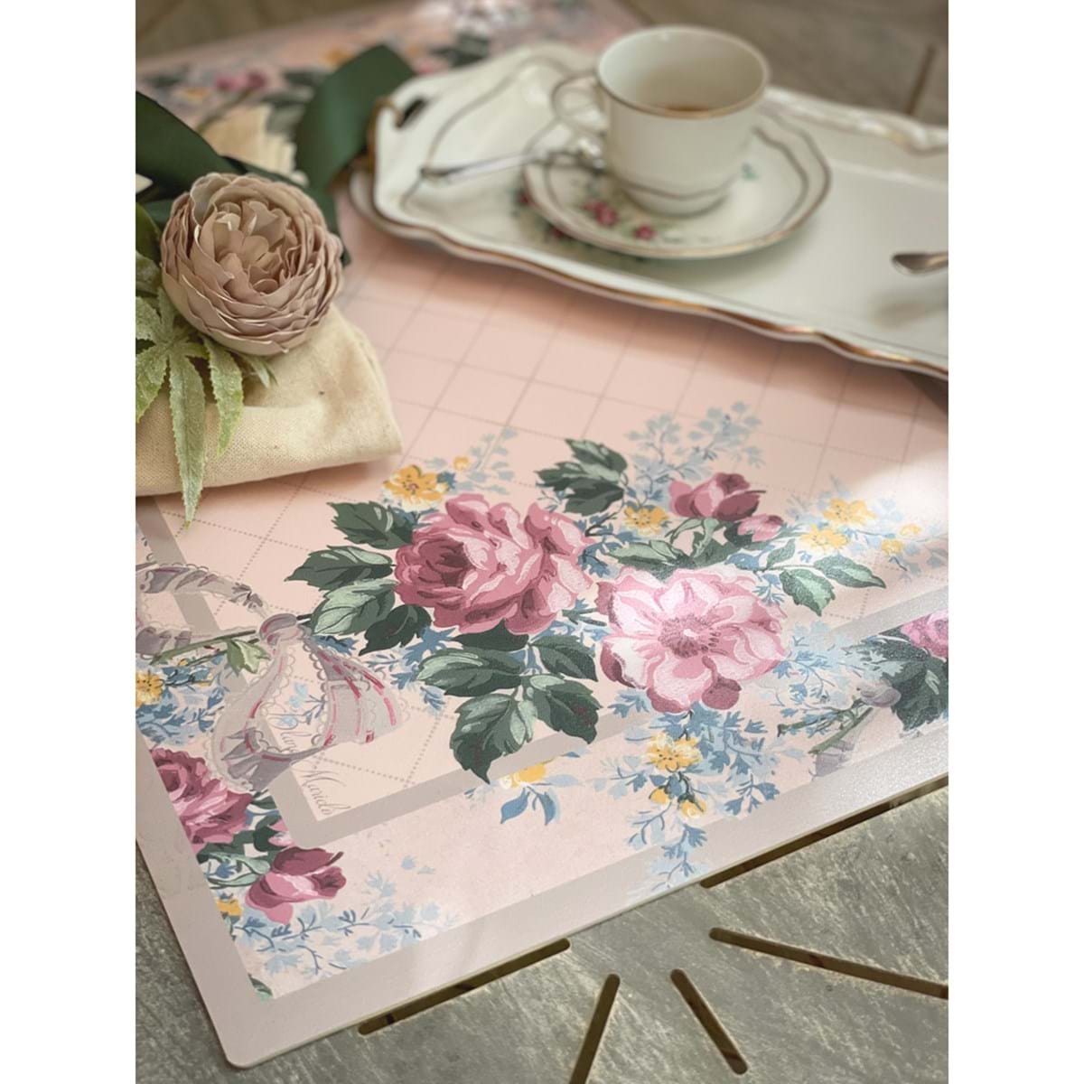 Tovaglietta americana con rose, in vinile, 35x48cm. Blanc Mariclò