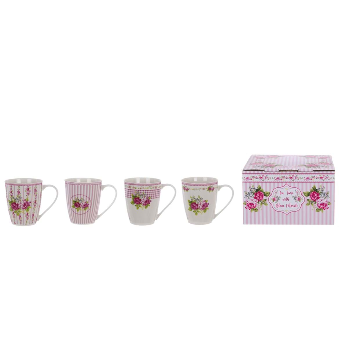 Set 4 mug porcellana con disegni assortiti, decoro rose. Blanc Mariclò