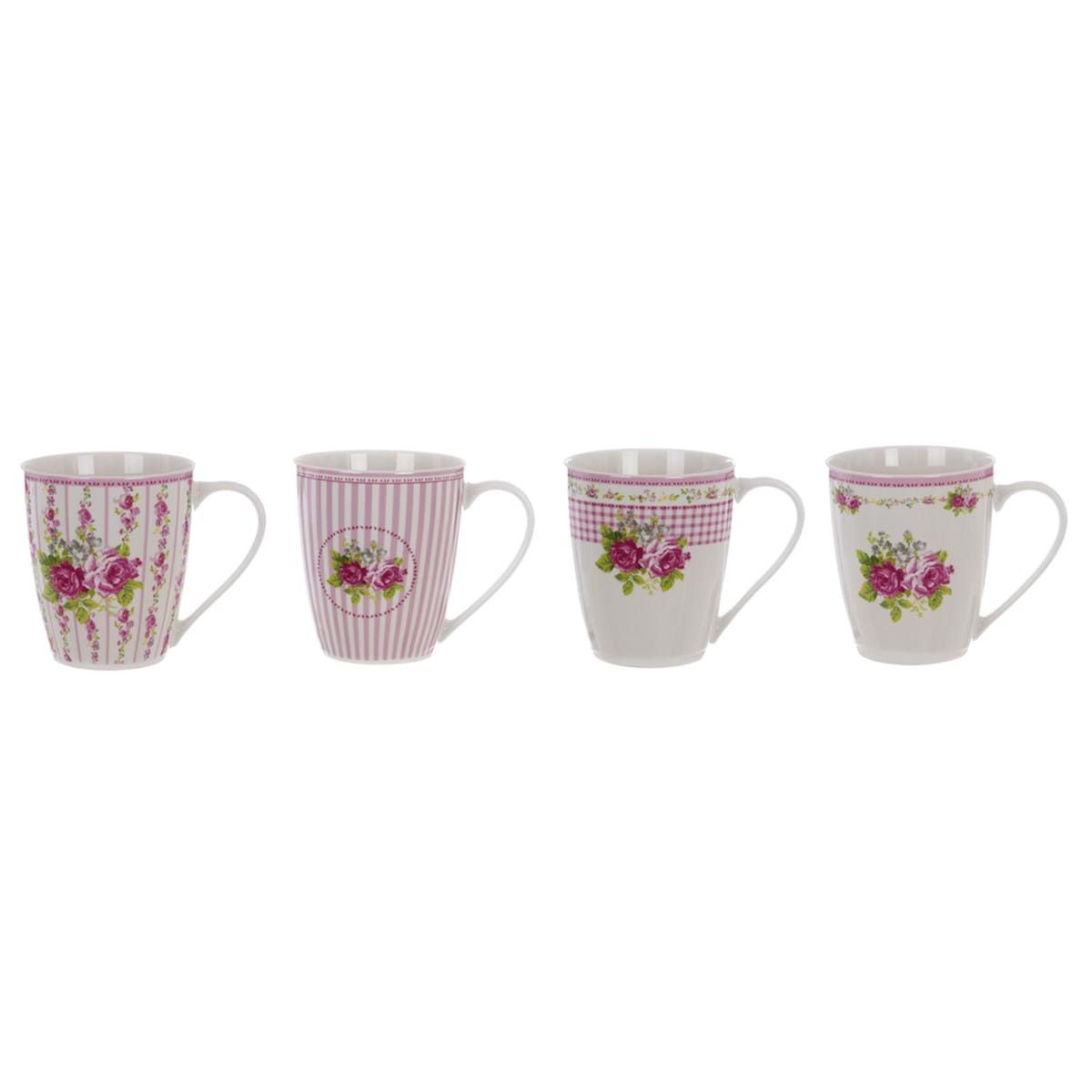 Set 4 mug porcellana con disegni assortiti, decoro rose. Blanc Mariclò