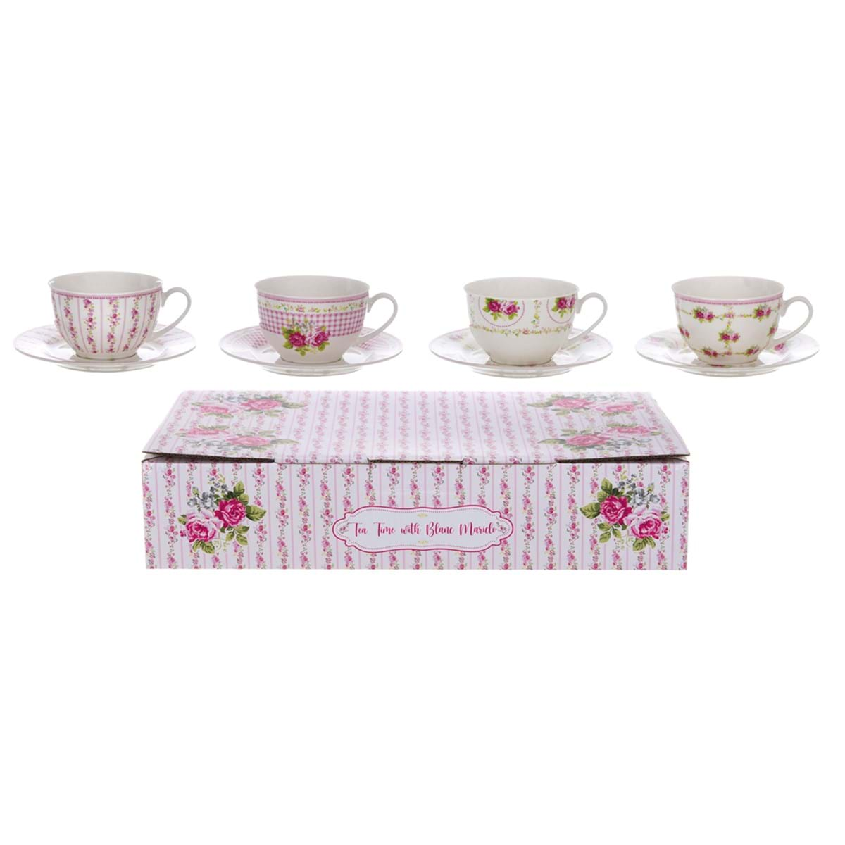 Set 4 tazza caffè con piattino porcellana con disegni assortiti, decoro rose. Blanc Mariclò