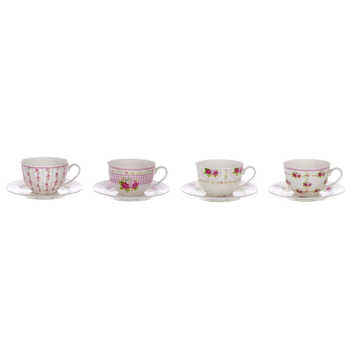 Set 4 tazza caffè con piattino porcellana con disegni assortiti, decoro rose. Blanc Mariclò