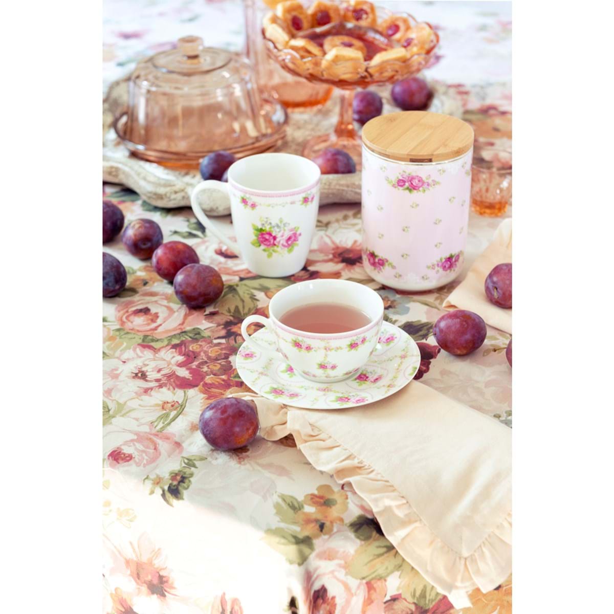 Set 3 barattoli porcellana con coperchio in legno, decoro rose. Blanc Mariclò
