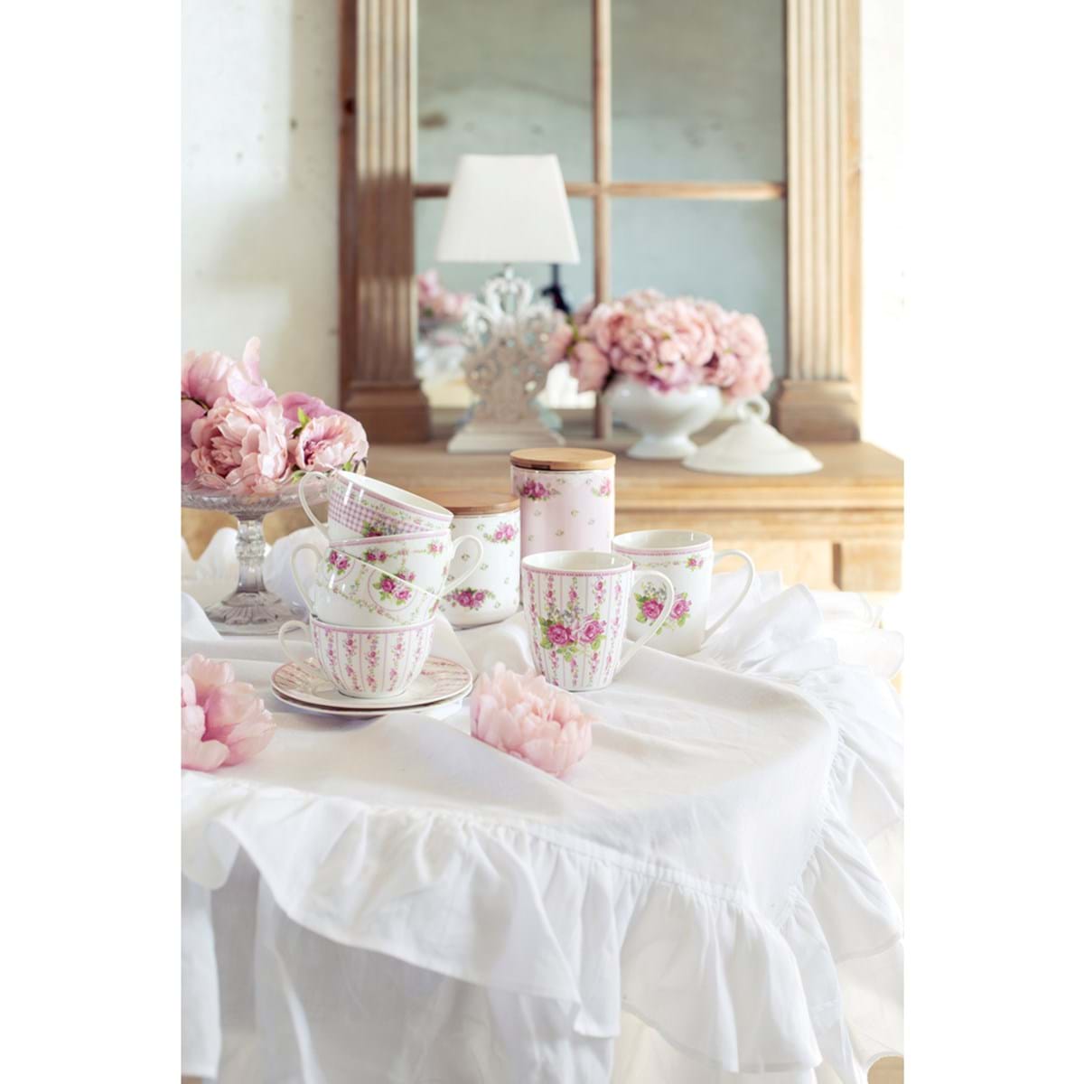 Set 3 barattoli porcellana con coperchio in legno, decoro rose. Blanc Mariclò
