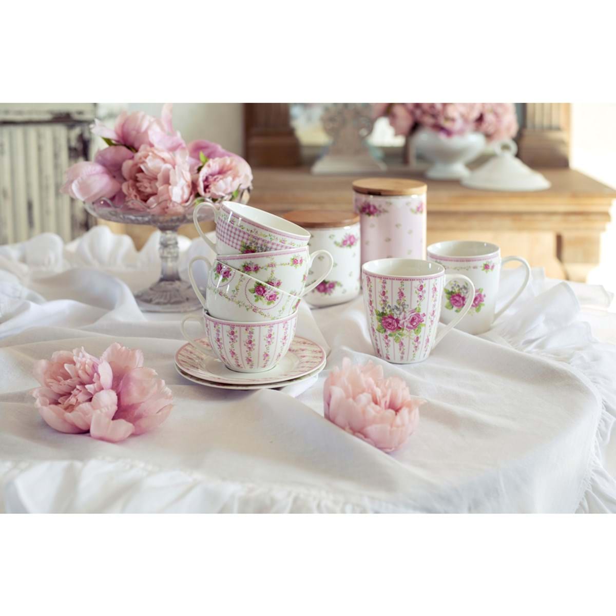 Set 3 barattoli porcellana con coperchio in legno, decoro rose. Blanc Mariclò