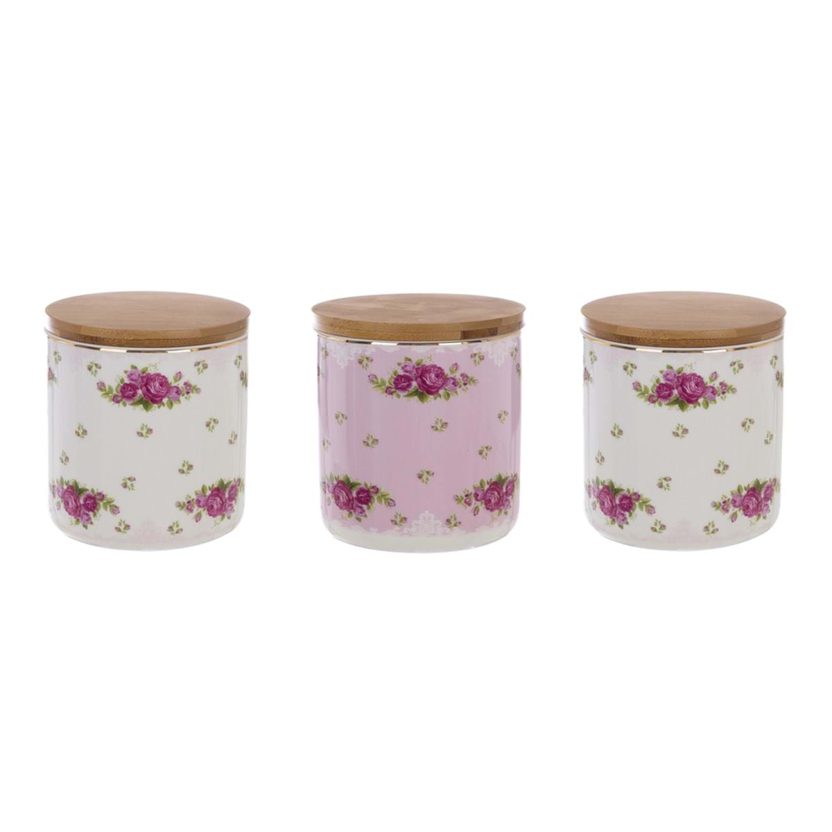 Set 3 barattoli porcellana con coperchio in legno, decoro rose. Blanc Mariclò