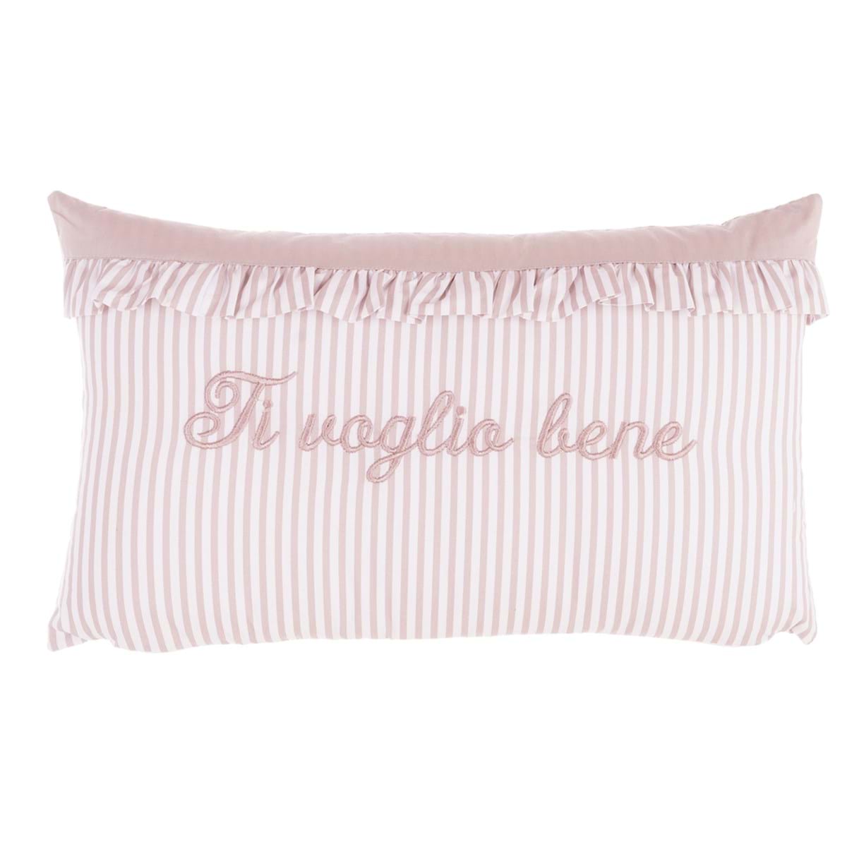 Cuscino rettangolare con gala, a righe rosa con scritta ricamata &quot;Ti voglio bene&quot;. Blanc Mariclò