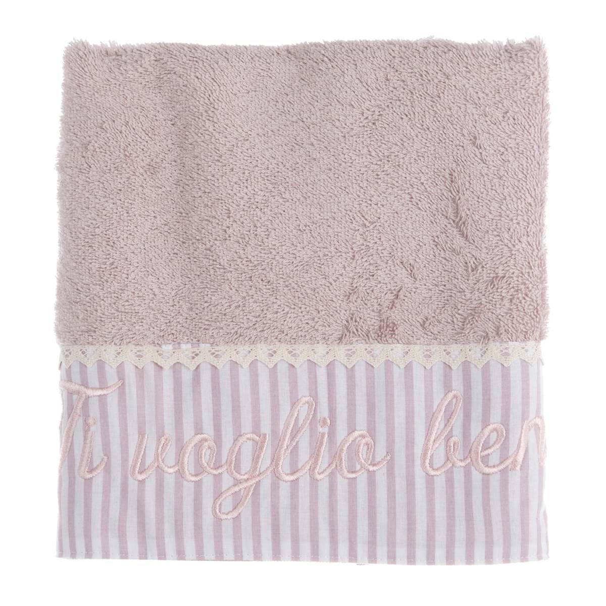 Coppia spugna rosa con balza a righe con scritta ricamata &quot;Ti voglio bene&quot;. Blanc Mariclò
