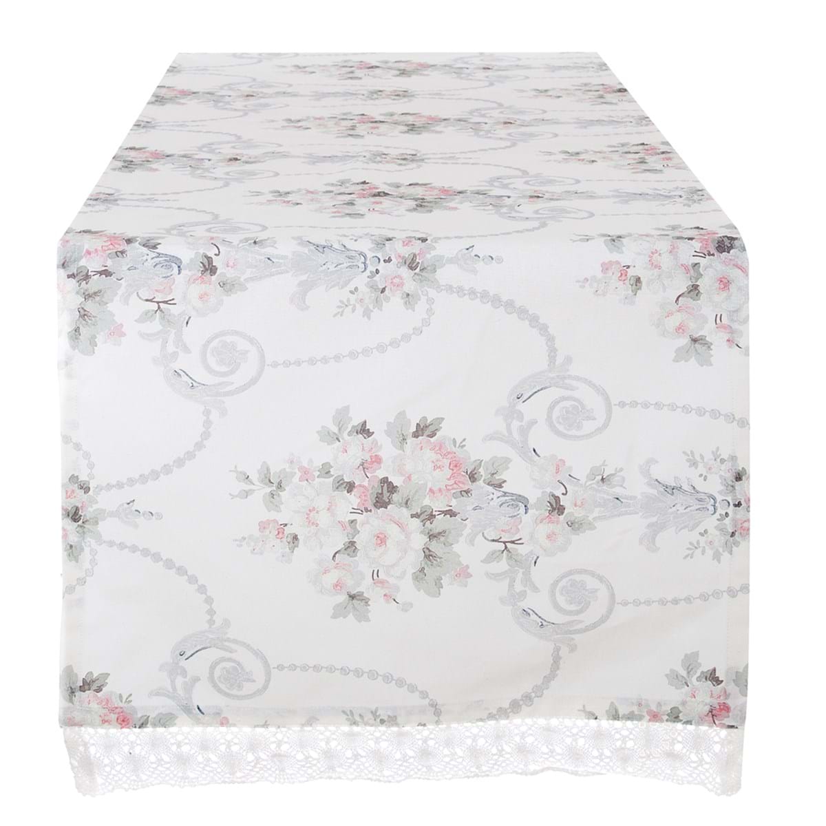 Runner con pizzo e rose, 45x150. Blanc Mariclò
