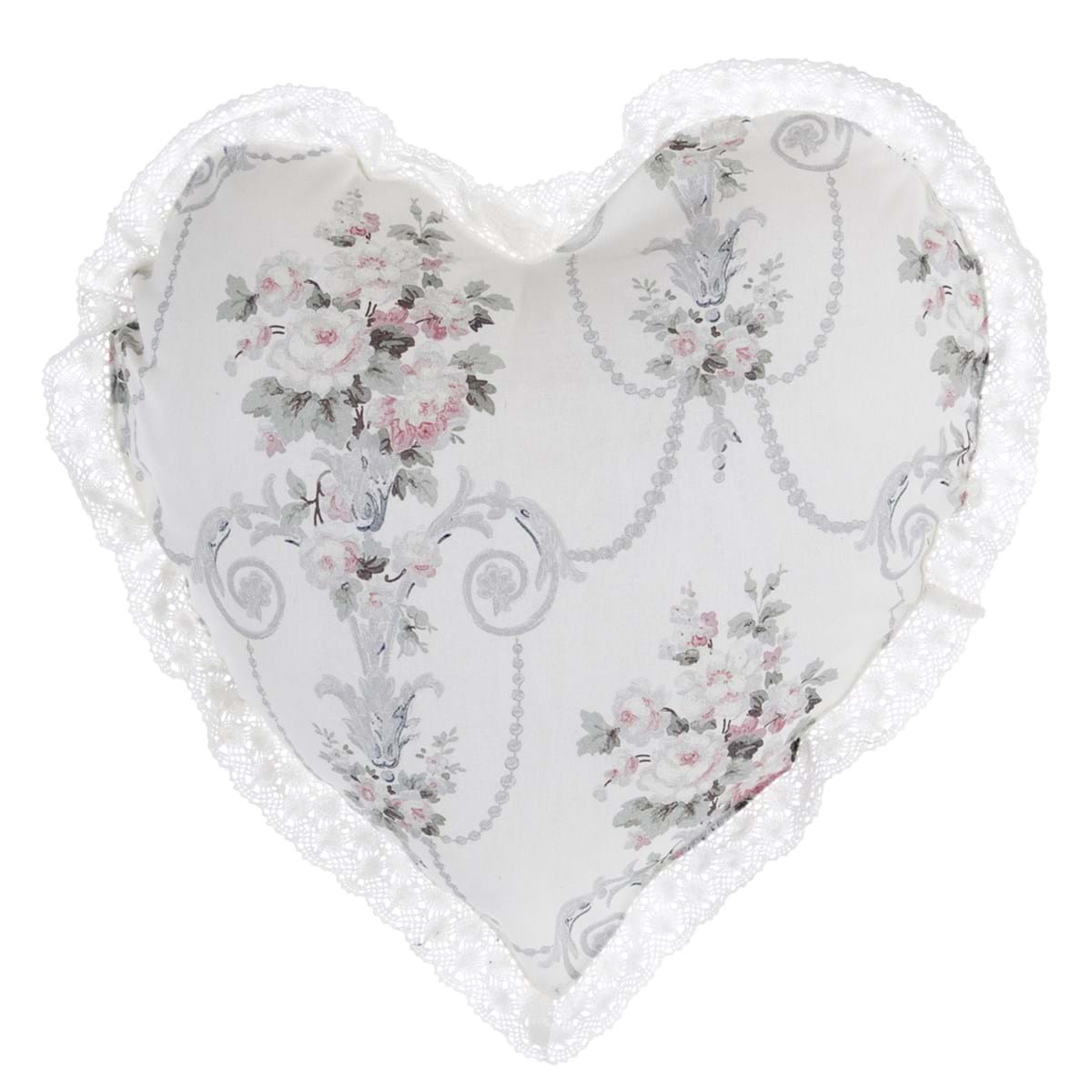 Cuscino a forma di cuore con rose e pizzo, 50x50 cm. Blanc Mariclò