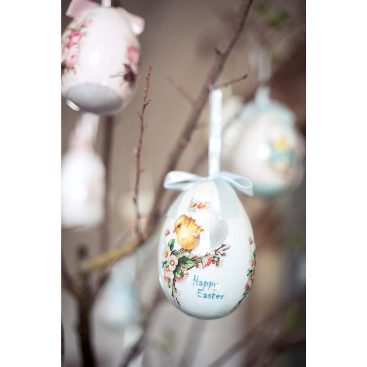 Decoro Uova di Pasqua canarino e fiori, misura grande, in polyfoam. Blanc Mariclò