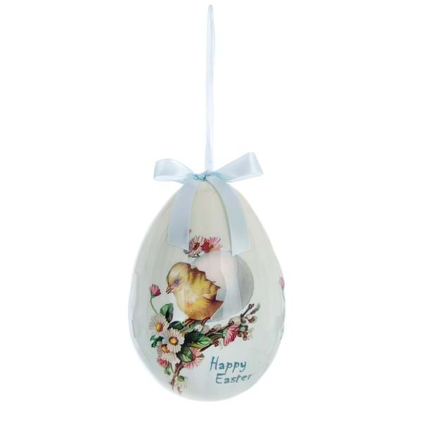 Decoro Uova di Pasqua canarino e fiori, misura grande, in polyfoam. Blanc Mariclò