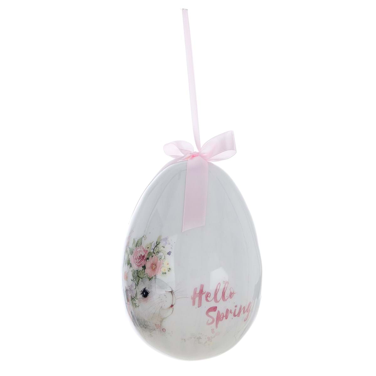 Decoro Uova di Pasqua coniglio e fiori rosa, misura piccola, in polyfoam. Blanc Mariclò