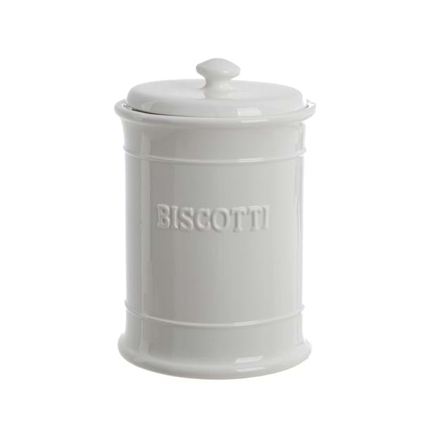 Barattolo con coperchio in ceramica bianca con scritta "Biscotti". Blanc Mariclò