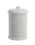 Barattolo con coperchio in ceramica bianca con scritta "Biscotti". Blanc Mariclò