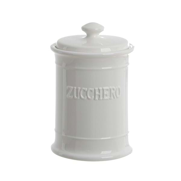 Barattolo con coperchio in ceramica bianca con scritta "Zucchero". Blanc Mariclò