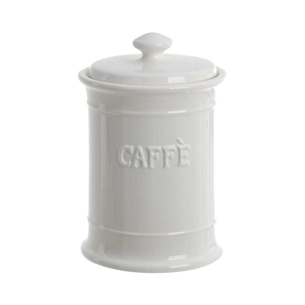 Barattolo con coperchio in ceramica bianca con scritta "Caffè". Blanc Mariclò