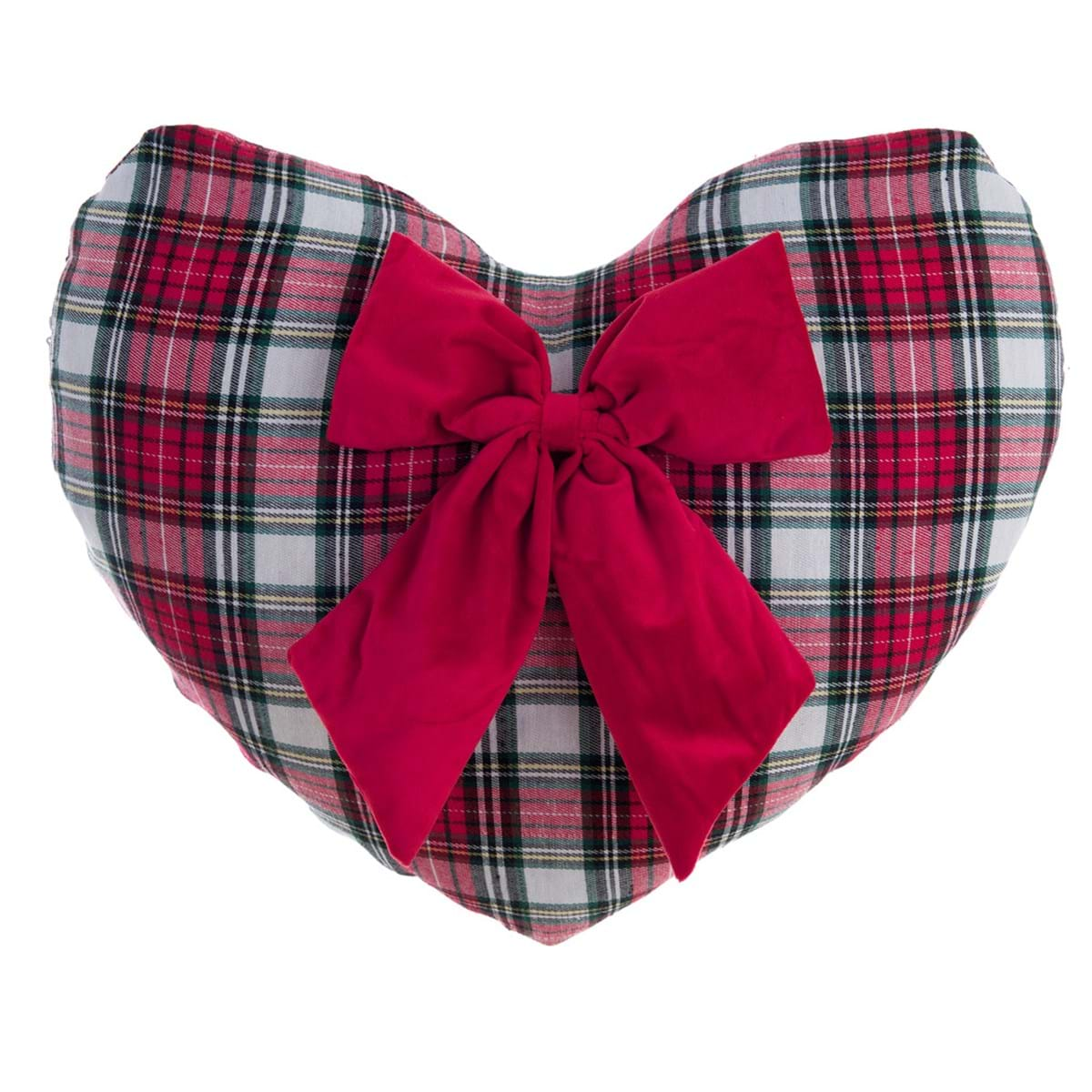 Cuscino natalizio tartan a cuore con fiocco 44x42cm. Blanc Mariclò