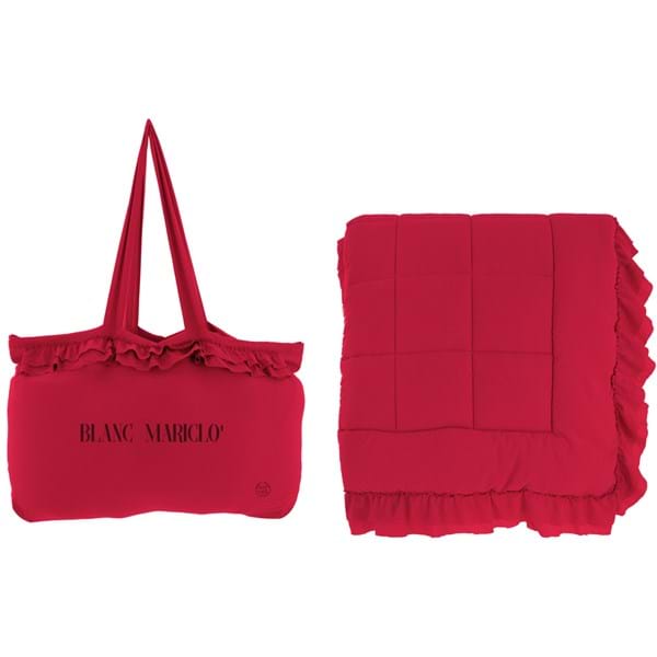 Trapunta matrimoniale con gala, Linea Diamante, tinta unita rosso con borsa. Blanc Mariclò