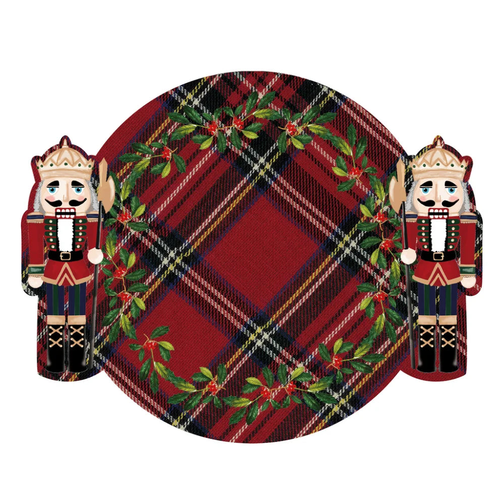 Tovaglietta natalizia tartan e schiaccianoci, in vinile, Linea Natale Italiano. Blanc Mariclò