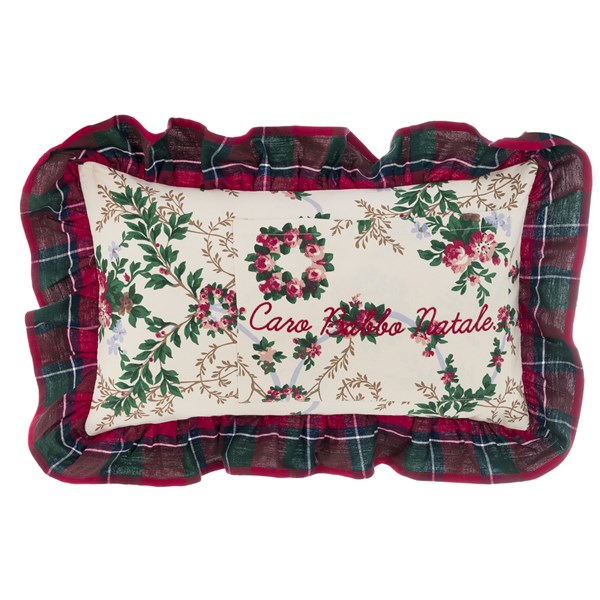 Cuscino ricamo &quot;Caro Babbo Natale&quot; con balza tartan 50x30 cm. Blanc Mariclò