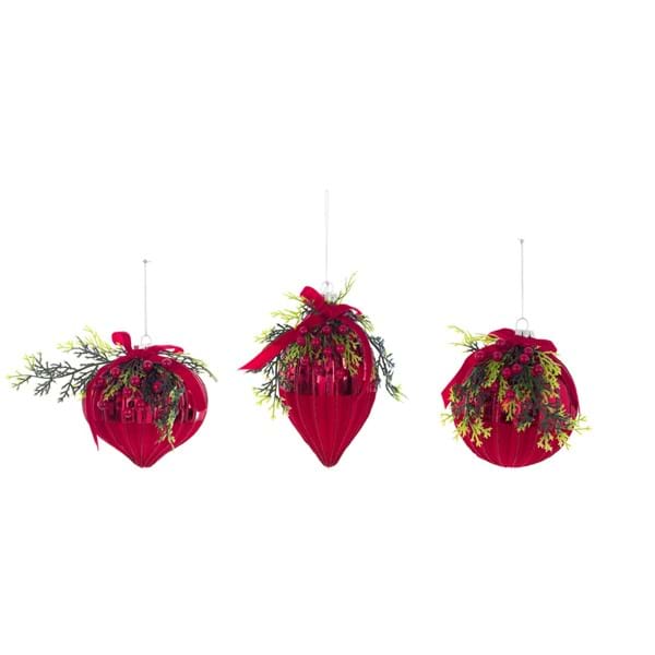 Sfere per albero, colore rosso con agrifoglio, 3 forme assortite. Blanc Mariclò
