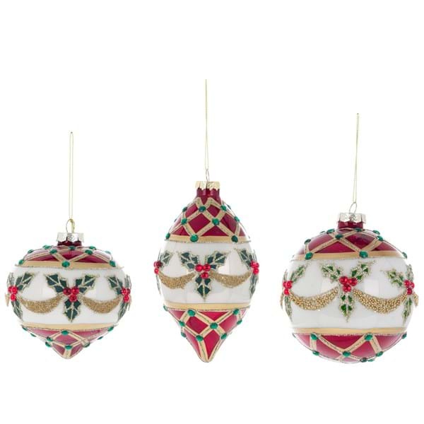 Sfere per albero di Natale, rosso e oro decorate, 3 forme assortite. Blanc Mariclò