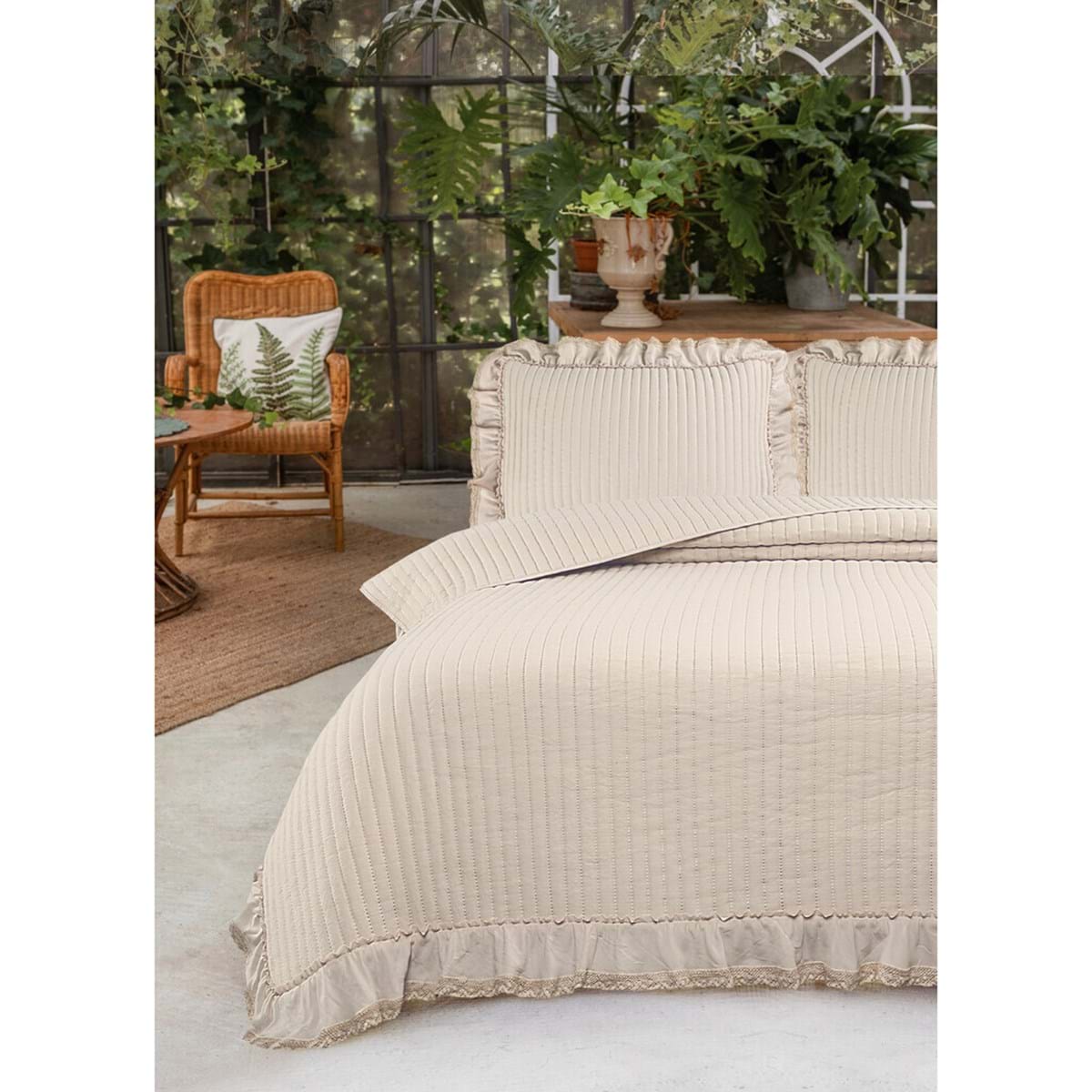 Trapunta singola con gala e merletto, colore beige. Blanc Mariclò