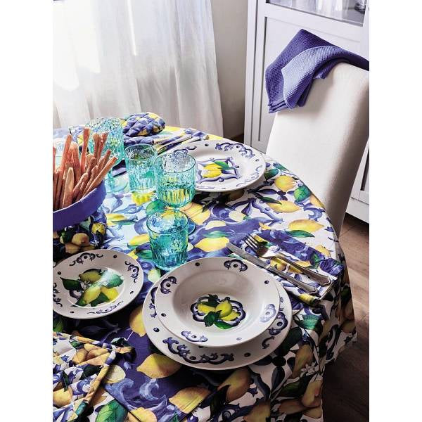 Tovaglia con 12 tovaglioli disegno limoni, Linea Citrus, 150x300 cm. Tognana