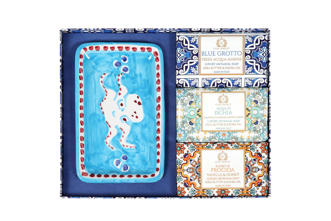 Blue Maiolica pack con 3 saponi e un portasaponetta. Casa Amalfi