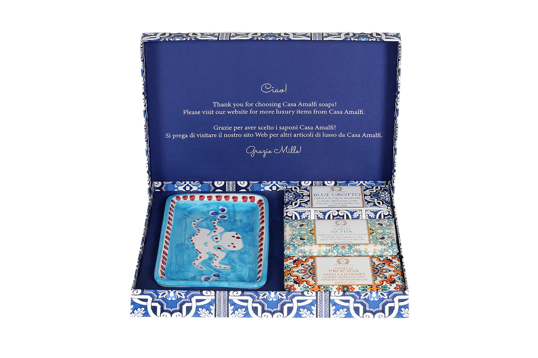 Blue Maiolica pack con 3 saponi e un portasaponetta. Casa Amalfi