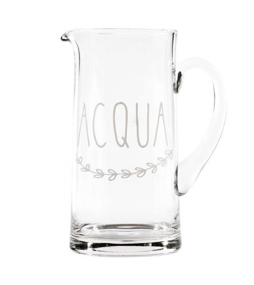 Brocca in vetro decoro "Acqua" 1,2lt., trasparente con scritta in bianco. Simple day