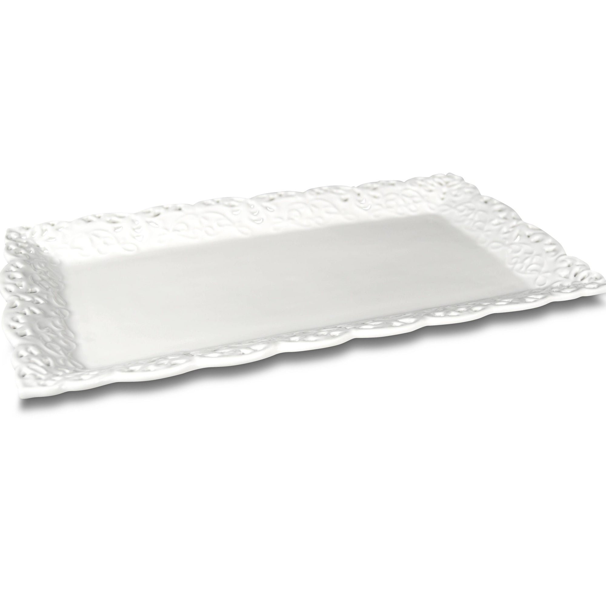 Vassoio rettangolare in ceramica bianco decoro ricamo. Fade