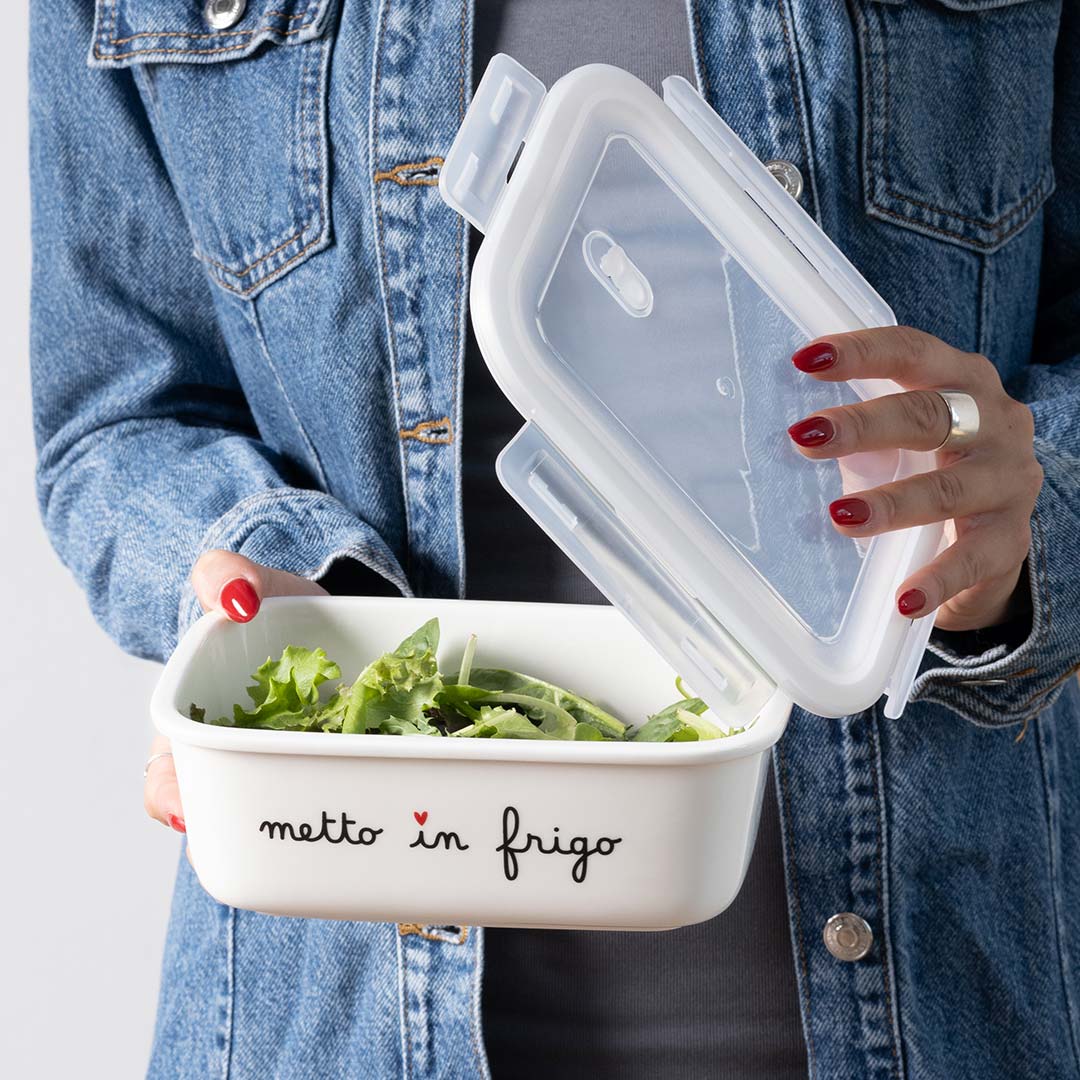 Contenitore ermetico misura M in gres decoro "Metto in frigo". Simple day