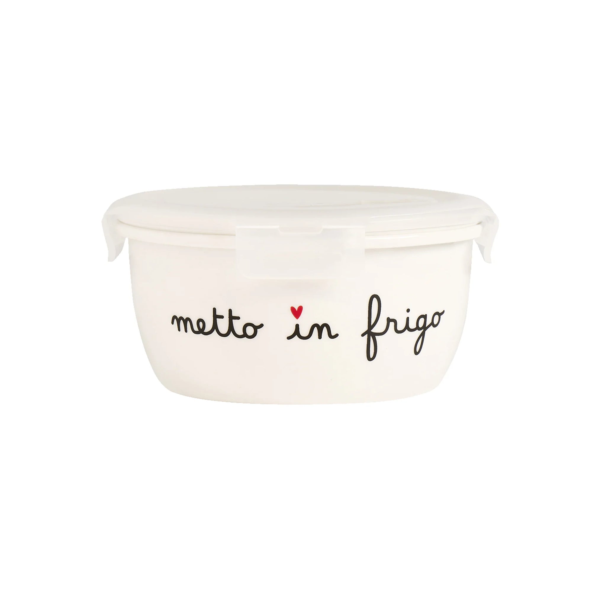 Contenitore ermetico rotondo misura L in gres decoro &quot;Metto in frigo&quot;. Simple day
