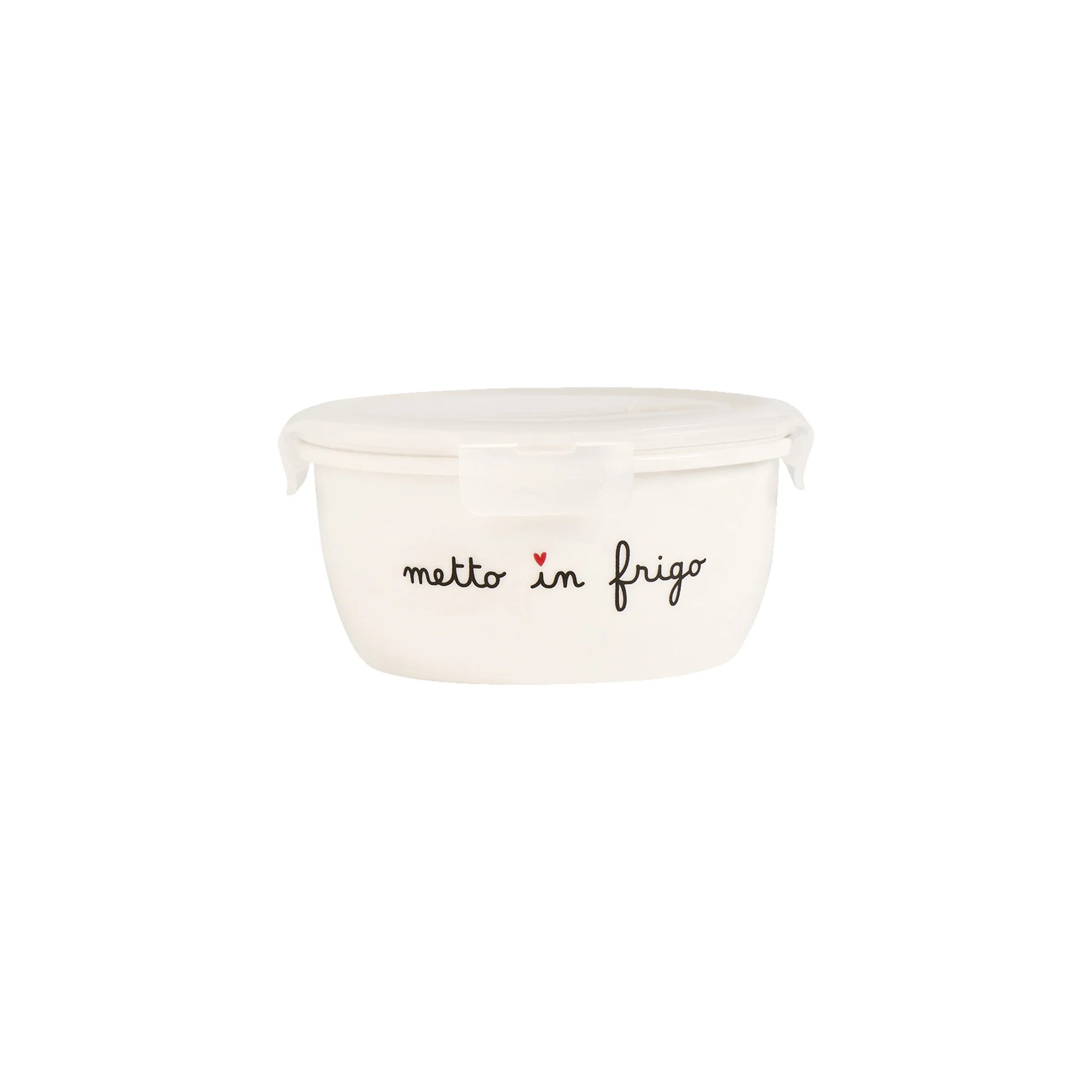 Contenitore ermetico rotondo misura M in gres decoro &quot;Metto in frigo&quot;. Simple day