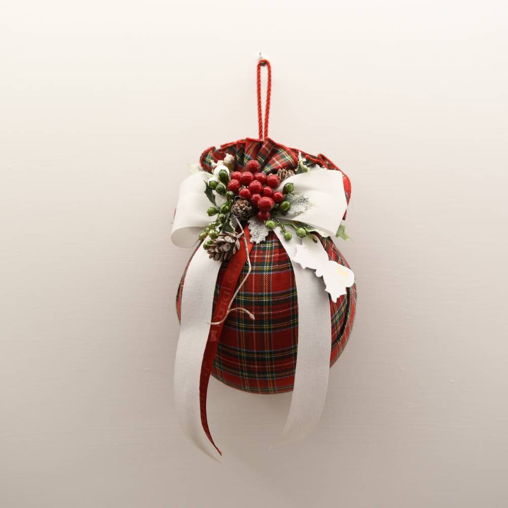 Sfera tessuto tartan con decoro natalizio d.12 cm. Fiori di Lena