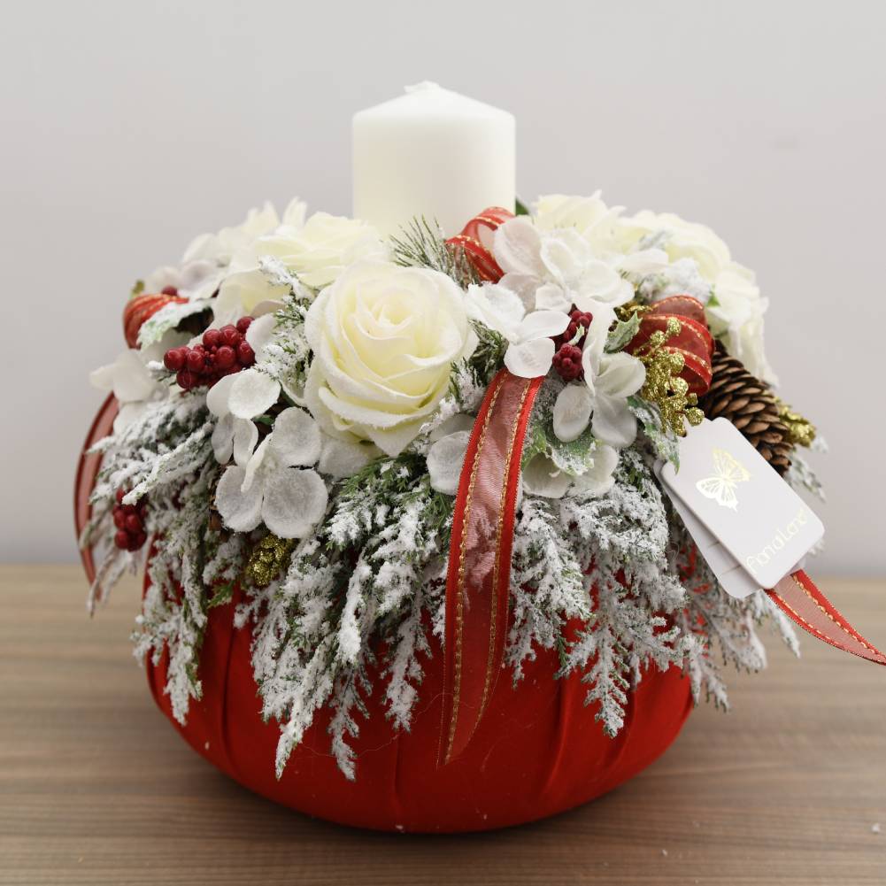 Puffo portacandela rosso con decoro natalizio d.28cm. Fiori di Lena