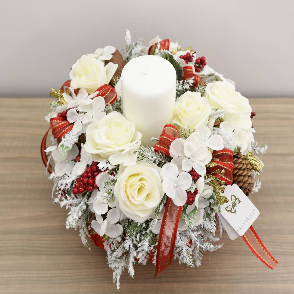 Puffo portacandela rosso con decoro natalizio d.28cm. Fiori di Lena