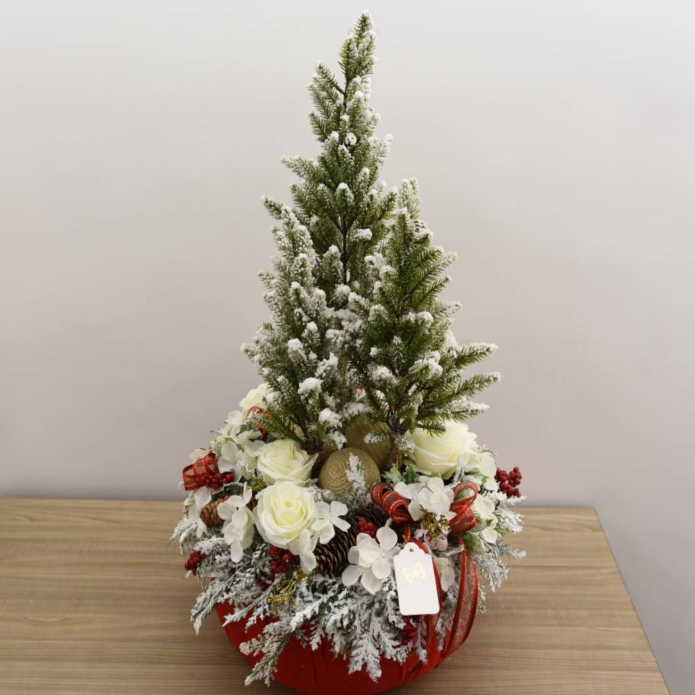 Puffo grande rosso con 3 alberi natale con decoro natalizio 28x95cm. Fiori di Lena