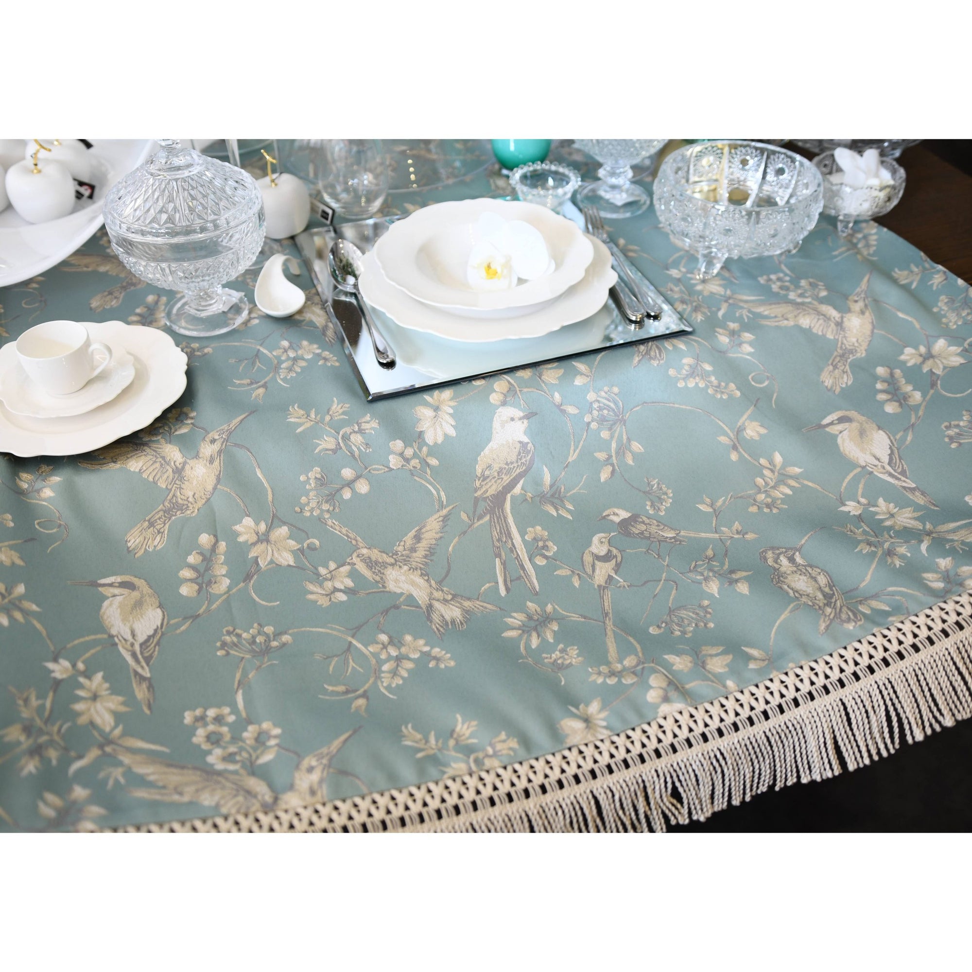 Runner multiuso fantasia floreale con uccellini, con frange, 215x100 cm. Fiori di lena