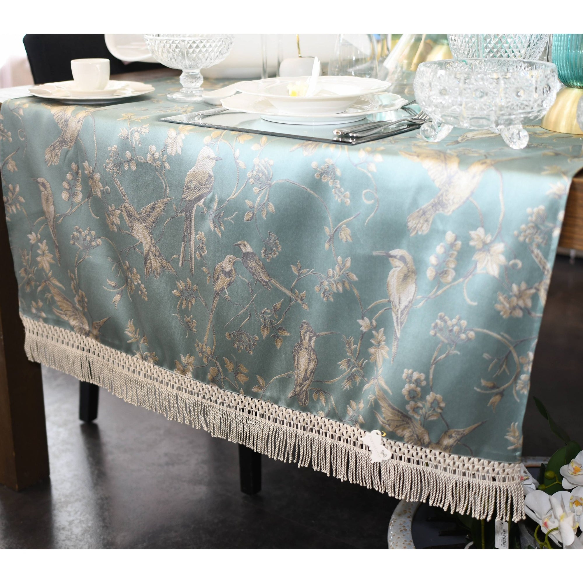 Runner multiuso fantasia floreale con uccellini, con frange, 215x100 cm. Fiori di lena