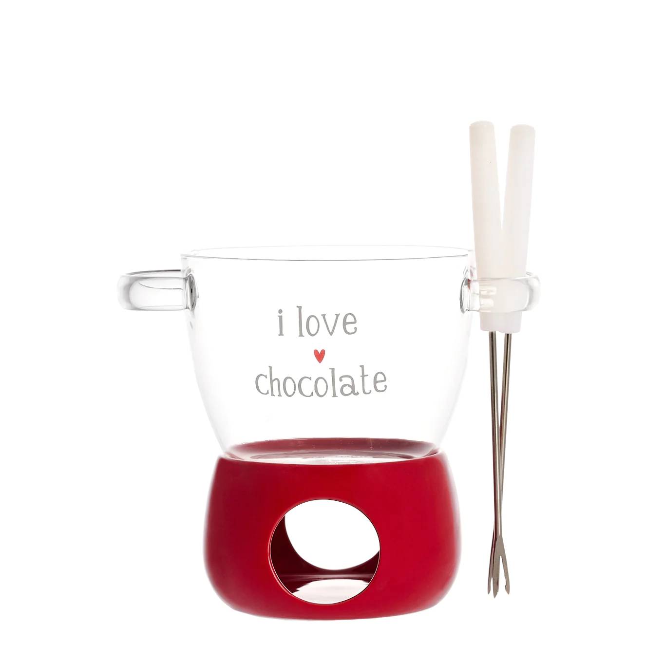 Fonduta cioccolato decoro &quot;I love chocolate&quot;, trasparente con scritta bianca e cuore rosso su base rossa. Simple day